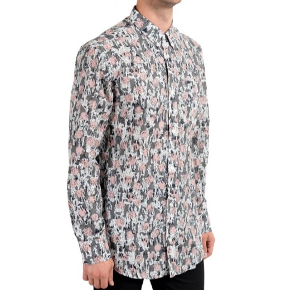 Burberry Men's Linen Graphic Sketch Print Button-down Size Large Gray Pink